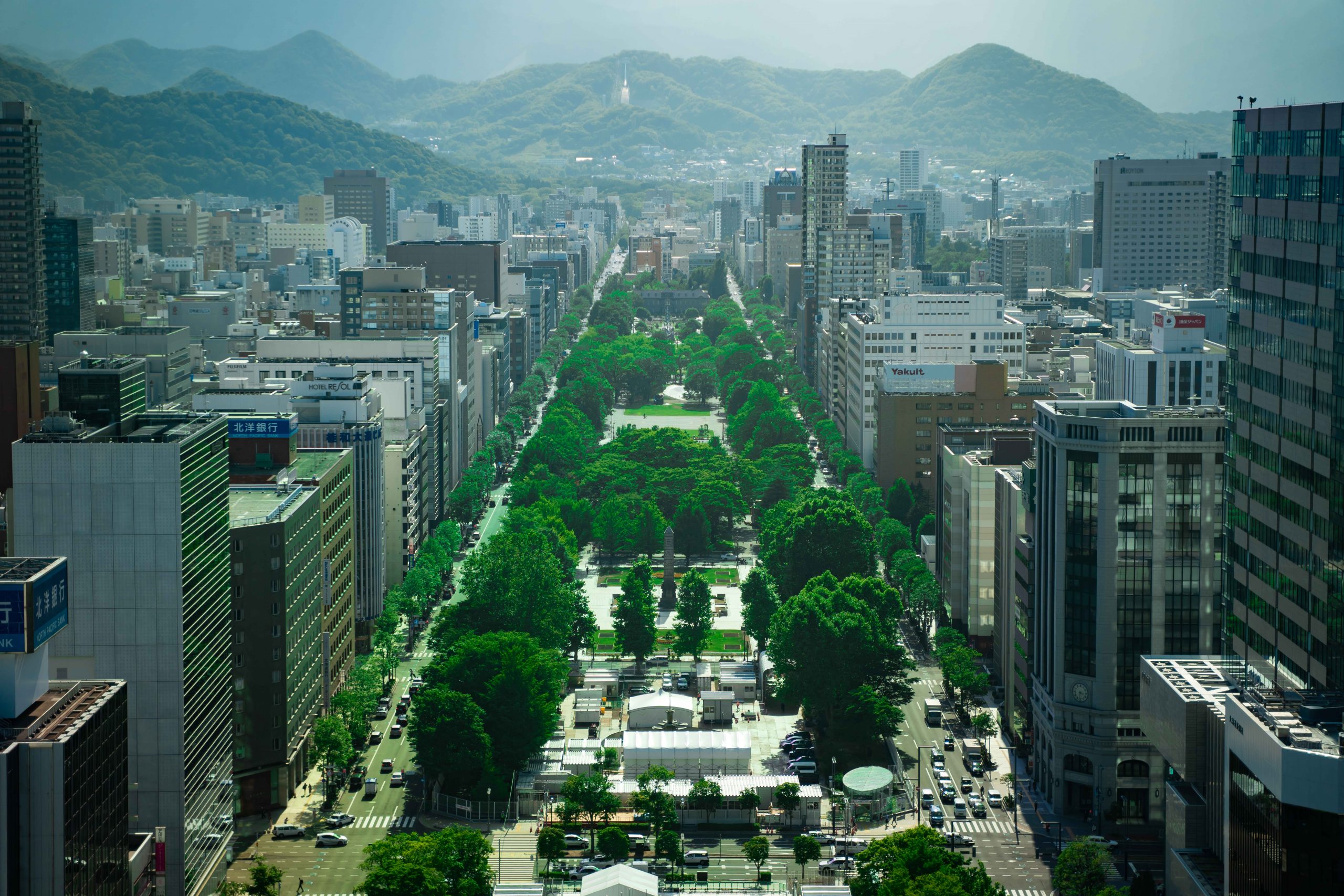 Odori Park and central Sapporo on a summer day, seen from above